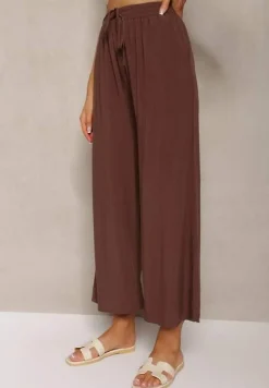 Brązowe Spodnie z Bawełny Typu Palazzo z Gumką w Talii Fieana