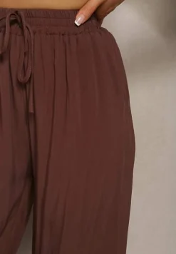 Brązowe Spodnie z Bawełny Typu Palazzo z Gumką w Talii Fieana
