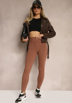 Brązowe Sportowe Legginsy High Waist z Małym Ozdobnym Znaczkiem Lerilane