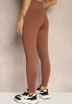 Brązowe Sportowe Legginsy High Waist z Małym Ozdobnym Znaczkiem Lerilane