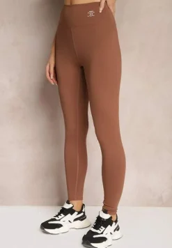 Brązowe Sportowe Legginsy High Waist z Małym Ozdobnym Znaczkiem Lerilane