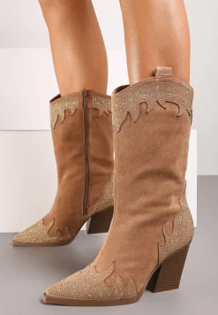 Brązowe Stylowe Botki Typu Kowbojki na Obcasie Ozdobione Cyrkoniami Zaivani