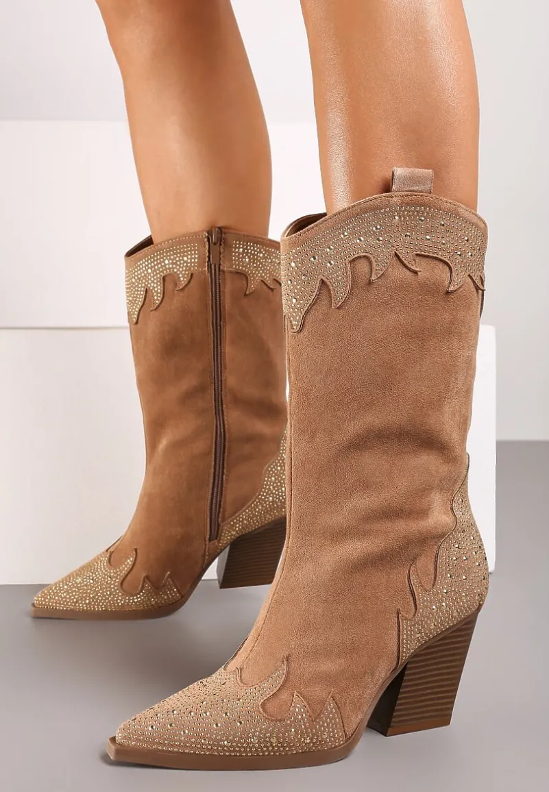 Brązowe Stylowe Botki Typu Kowbojki na Obcasie Ozdobione Cyrkoniami Zaivani