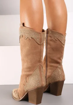 Brązowe Stylowe Botki Typu Kowbojki na Obcasie Ozdobione Cyrkoniami Zaivani