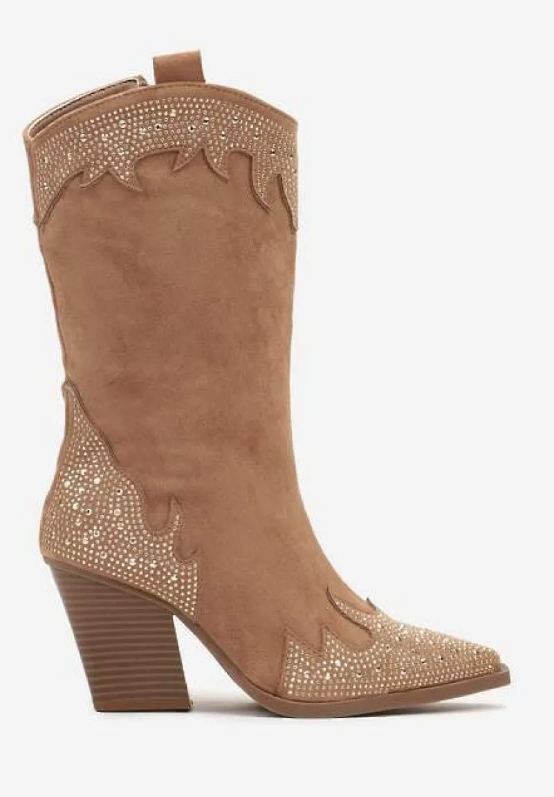 Brązowe Stylowe Botki Typu Kowbojki na Obcasie Ozdobione Cyrkoniami Zaivani