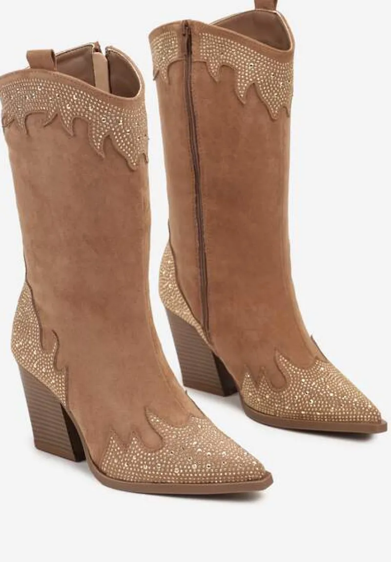 Brązowe Stylowe Botki Typu Kowbojki na Obcasie Ozdobione Cyrkoniami Zaivani