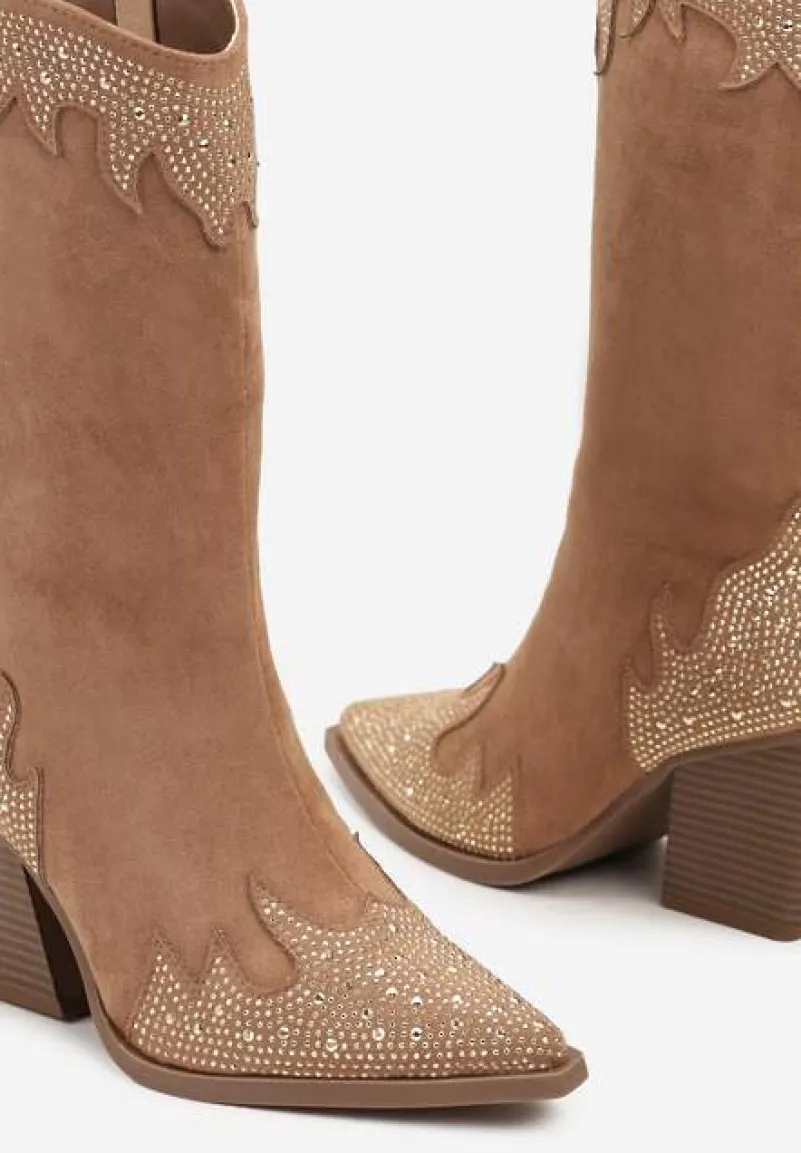 Brązowe Stylowe Botki Typu Kowbojki na Obcasie Ozdobione Cyrkoniami Zaivani