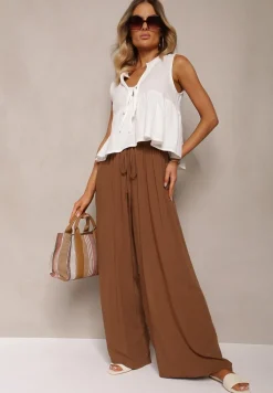 Brązowe Szerokie Spodnie High Waist z Gumką w Talii Ilnena