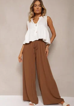 Brązowe Szerokie Spodnie High Waist z Gumką w Talii Ilnena