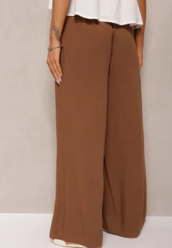 Brązowe Szerokie Spodnie High Waist z Gumką w Talii Ilnena