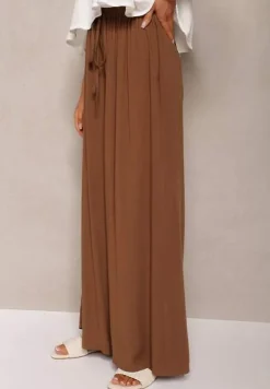 Brązowe Szerokie Spodnie High Waist z Gumką w Talii Ilnena