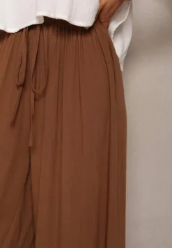 Brązowe Szerokie Spodnie High Waist z Gumką w Talii Ilnena