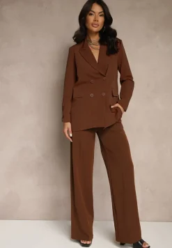 Brązowe Szerokie Spodnie High Waist z Gumką w Pasie Eternel