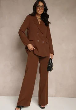 Brązowe Szerokie Spodnie High Waist z Gumką w Pasie Eternel