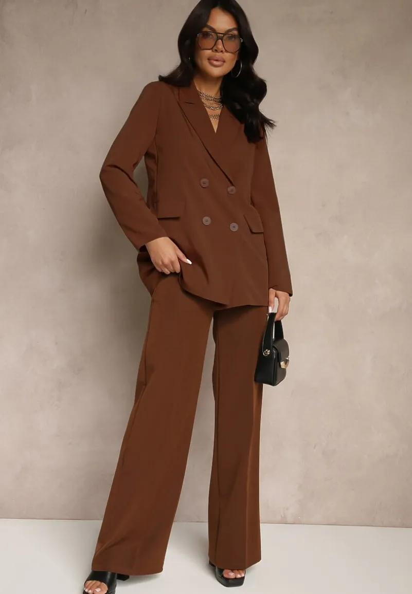 Brązowe Szerokie Spodnie High Waist z Gumką w Pasie Eternel