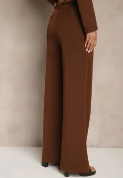 Brązowe Szerokie Spodnie High Waist z Gumką w Pasie Eternel