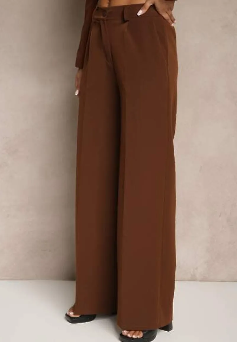 Brązowe Szerokie Spodnie High Waist z Gumką w Pasie Eternel