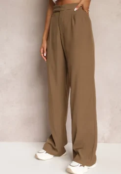 Brązowe Szerokie Spodnie z Zapięciem na Haczyk Brutris