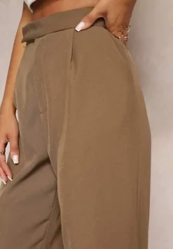 Brązowe Szerokie Spodnie z Zapięciem na Haczyk Brutris
