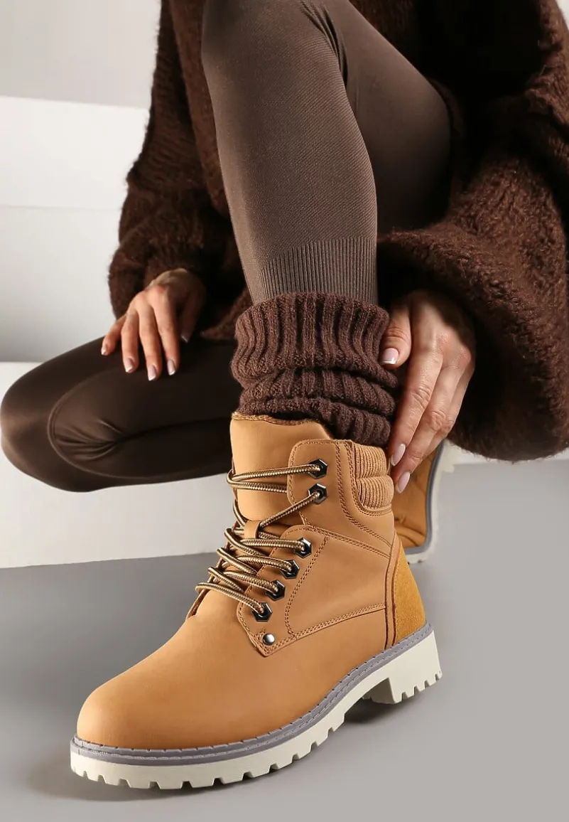 Brązowe Sznurowane Casualowe Traperki na Płaskiej Podeszwie Relobia