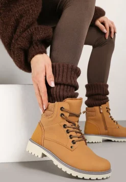 Brązowe Sznurowane Casualowe Traperki na Płaskiej Podeszwie Relobia