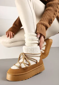 Brązowe Sznurowane Śniegowce na Platformie Ozdobione Futerkiem w Stylu Baranka Miathalie