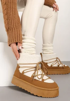 Brązowe Sznurowane Śniegowce na Platformie Ozdobione Futerkiem w Stylu Baranka Miathalie