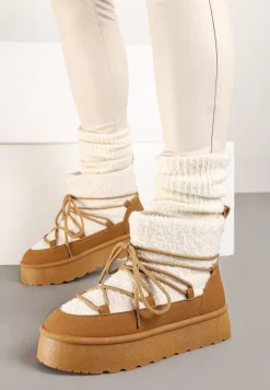 Brązowe Sznurowane Śniegowce na Platformie Ozdobione Futerkiem w Stylu Baranka Miathalie