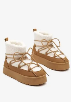 Brązowe Sznurowane Śniegowce na Platformie Ozdobione Futerkiem w Stylu Baranka Miathalie