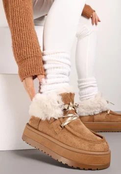 Brązowe Sznurowane Śniegowce na Platformie Ocieplone Futerkiem Liatheine