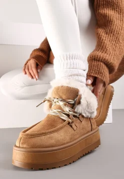 Brązowe Sznurowane Śniegowce na Platformie Ocieplone Futerkiem Liatheine
