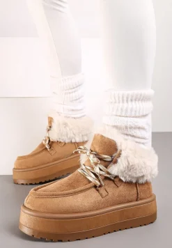 Brązowe Sznurowane Śniegowce na Platformie Ocieplone Futerkiem Liatheine