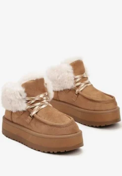 Brązowe Sznurowane Śniegowce na Platformie Ocieplone Futerkiem Liatheine