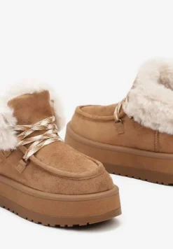 Brązowe Sznurowane Śniegowce na Platformie Ocieplone Futerkiem Liatheine