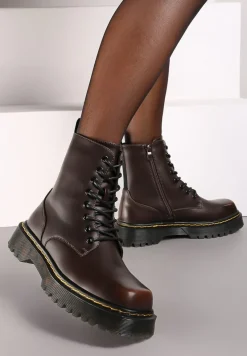 Brązowe Sznurowane Ocieplone Botki na Platformie w Stylu Workerów Crecca