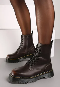 Brązowe Sznurowane Ocieplone Botki na Platformie w Stylu Workerów Crecca