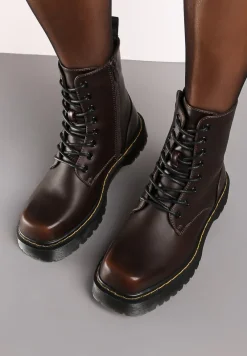 Brązowe Sznurowane Ocieplone Botki na Platformie w Stylu Workerów Crecca