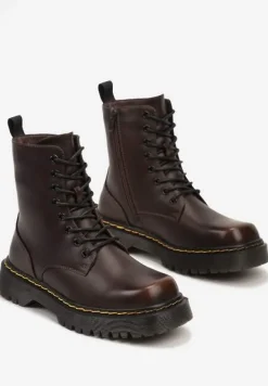 Brązowe Sznurowane Ocieplone Botki na Platformie w Stylu Workerów Crecca