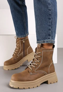 Brązowe Sznurowane Płaskie Botki w Stylu Workerów Cleida