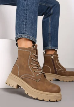 Brązowe Sznurowane Płaskie Botki w Stylu Workerów Cleida