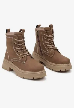 Brązowe Sznurowane Płaskie Botki w Stylu Workerów Cleida