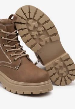 Brązowe Sznurowane Płaskie Botki w Stylu Workerów Cleida