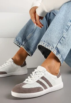 Brązowe Sznurowane Skórzane Sneakersy na Płaskiej Podeszwie z Paskami i Perforacją Enelis