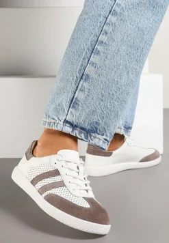 Brązowe Sznurowane Skórzane Sneakersy na Płaskiej Podeszwie z Paskami i Perforacją Enelis