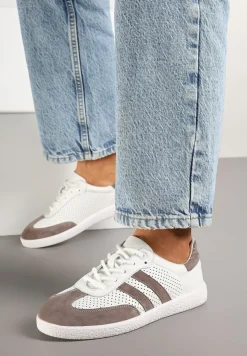 Brązowe Sznurowane Skórzane Sneakersy na Płaskiej Podeszwie z Paskami i Perforacją Enelis