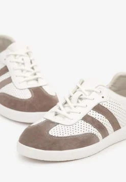 Brązowe Sznurowane Skórzane Sneakersy na Płaskiej Podeszwie z Paskami i Perforacją Enelis