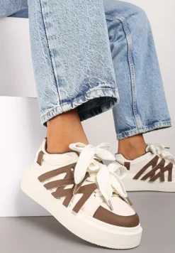 Brązowe Sznurowane Sneakersy na Platformie Ozdobione Paskami Lerinique