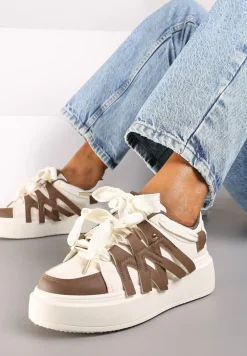 Brązowe Sznurowane Sneakersy na Platformie Ozdobione Paskami Lerinique