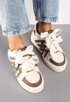 Brązowe Sznurowane Sneakersy na Platformie Ozdobione Paskami Lerinique