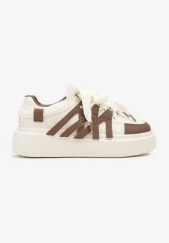 Brązowe Sznurowane Sneakersy na Platformie Ozdobione Paskami Lerinique